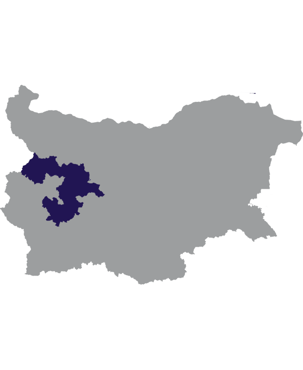 Landkaart Bulgarije grijs met oblast Sofia donkerblauw op transparante achtergrond - 600 * 733 pixels